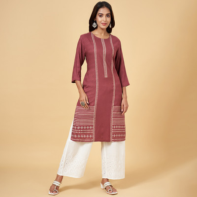 Rangmanch by Pantaloons Women Printed Straight Kurta(Maroon)