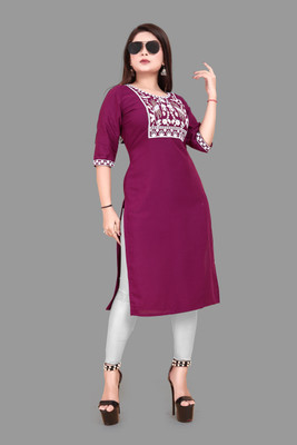 KURTIFABRIC Women Embroidered A-line Kurta(Purple)