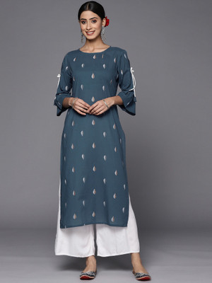 Indo Era Women Printed Straight Kurta(Dark Blue)