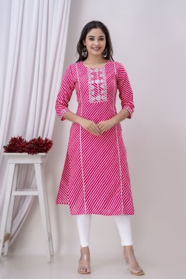 BKApparels Women Embellished, Embroidered, Leheriya Straight Kurta(Pink, White)