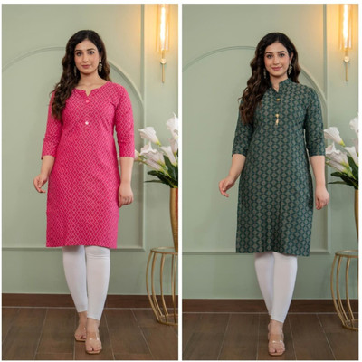 AOSLY Women Printed Straight Kurta(Green, Pink)