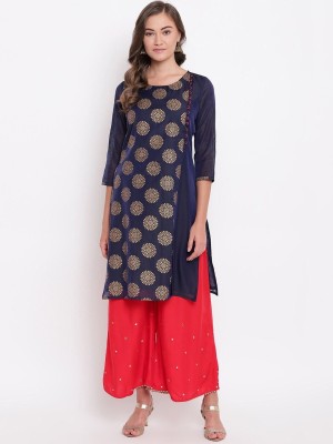 Be Indi Women Floral Print Straight Kurta(Dark Blue)