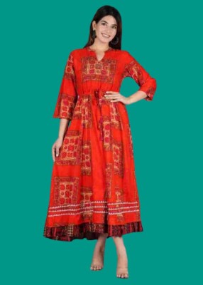 Sj Creations Women Printed Anarkali Kurta(Red, Yellow)