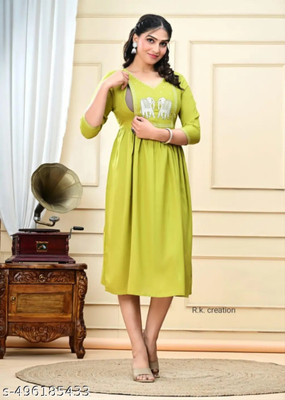 Priyas Creation Women Embroidered A-line Kurta(Green)