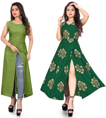 tanvi creation Women Printed Frontslit Kurta(Green)