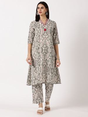 AWESPIRE Women Ikat, Printed A-line Kurta(Grey)