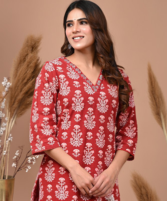 SACCHE DHAAGE Women Printed Straight Kurta(Maroon)