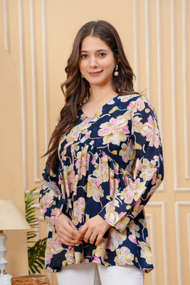 KHUHA Women Floral Print Flared Kurta(Dark Blue)