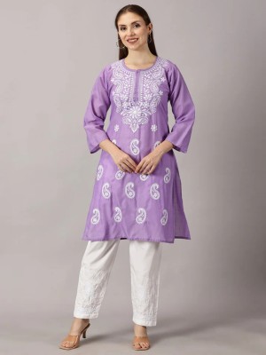 trychikankari Women Chikan Embroidery A-line Kurta(Purple)