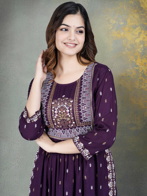 MARISY Women Printed, Embellished A-line Kurta(Purple)