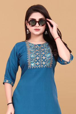 RIDDHI COLLECTION MALL Women Embroidered A-line Kurta(Blue)