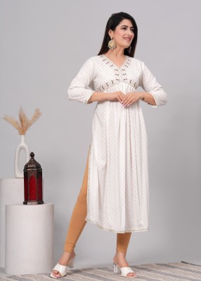 Shree Hari Sant Collection Women Embroidered Flared Kurta(White)