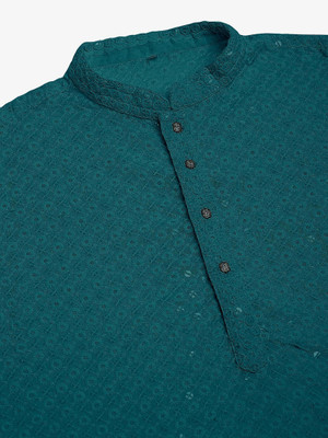 romj Men Chikan Embroidery Straight Kurta(Blue)