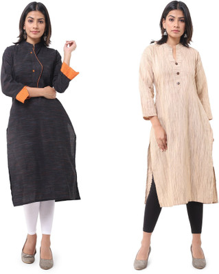 DESHBANDHU DBK Women Striped Straight Kurta(Black, Beige)