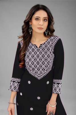 GODWEEN Women Embroidered A-line Kurta(Black)