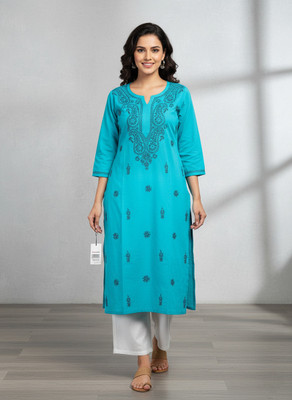 ChikanKari By ZA Women Embroidered A-line Kurta(Blue)