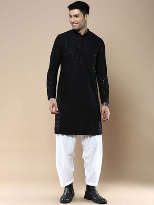 ANOUK Men Geometric Print Straight Kurta(Black)