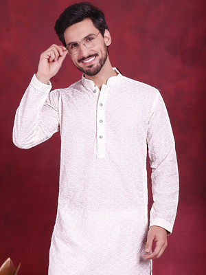 Jompers Men Embellished Straight Kurta(White)