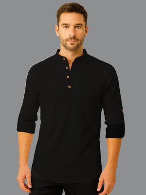 indirae Men Solid A-line Kurta(Black)