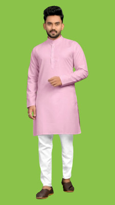 M Biswas Men Solid A-line Kurta(Pink)