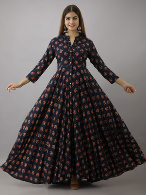 ftDiva Women Floral Print Anarkali Kurta(Dark Blue)