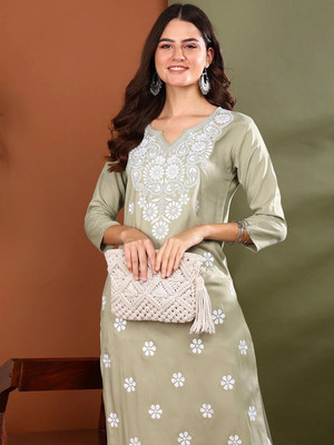 TOP N THREAD Women Chikan Embroidery, Embroidered, Self Design A-line Kurta(Green)