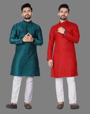 DHASU TRENDZ Men Self Design, Solid Straight Kurta(Red, Green)