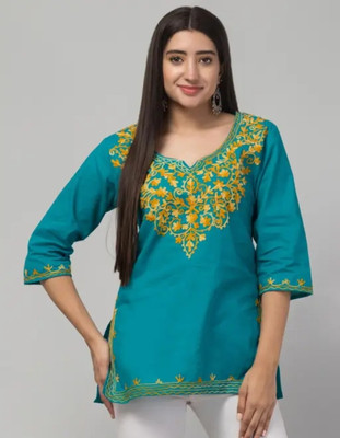 K Fabrics Women Embroidered Straight Kurta(Blue)
