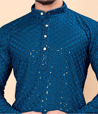 Shree Dutt Creation Men Chikan Embroidery Straight Kurta(Blue)