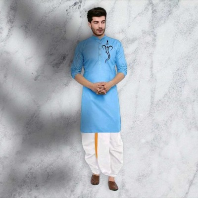 Mamta Biswas Men Printed Straight Kurta(Light Blue)