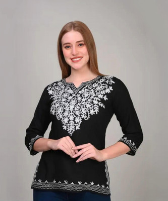 CROWN KING GARMENTS Women Embroidered Straight Kurta(Black)