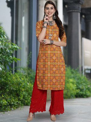 Moda Rapido Women Geometric Print Straight Kurta(Yellow)