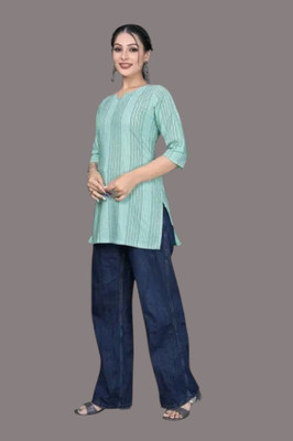 U Creationj Women Paisley Trail Cut Kurta(Light Blue)