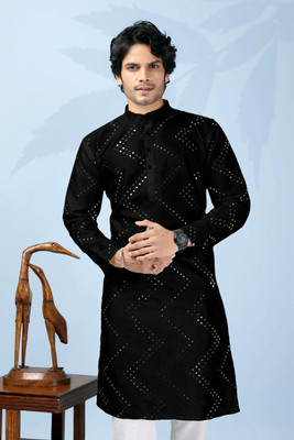 shreeram Men Embroidered Straight Kurta(Black)