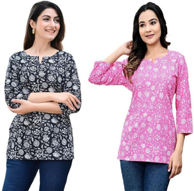 GURUFASHIONS Women Printed Straight Kurta(Black, Pink)