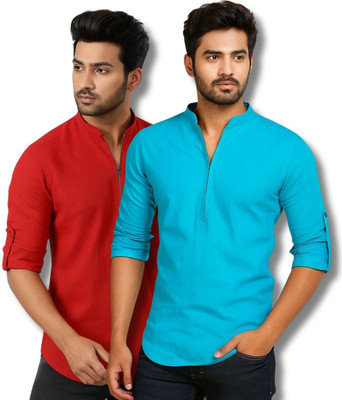 RANGFIT Men Solid Straight Kurta(Red, Blue)
