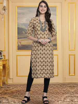HERE&NOW Women Printed Straight Kurta(Beige)