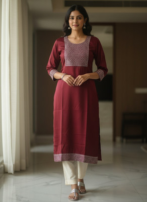 SHAS Women Embroidered Straight Kurta(Maroon)