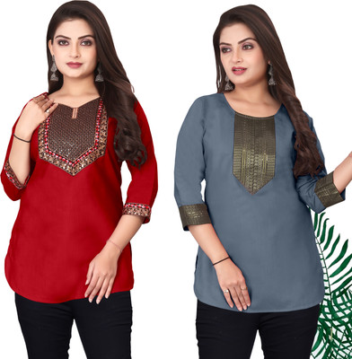 FSR Women Solid Straight Kurta(Red, Grey)