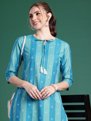 Sangria Women Striped Straight Kurta(Blue)