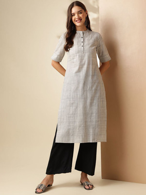 ANOUK Women Striped Straight Kurta(Grey)
