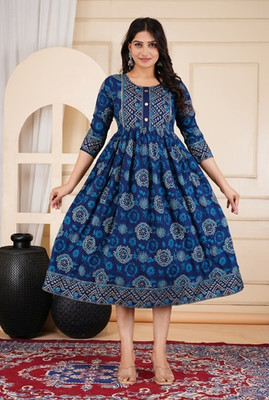 First Affair Women Printed Anarkali Kurta(Blue)