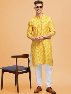 ANOUK Men Abstract Straight Kurta(Yellow)