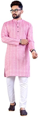 J M CREATION Men Striped Straight Kurta(Pink)