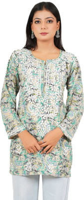 Era Chikan Women Printed Ethnic Dress Kurta(Green)