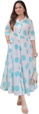 SOVELY Women Polka Print A-line Kurta(Blue)