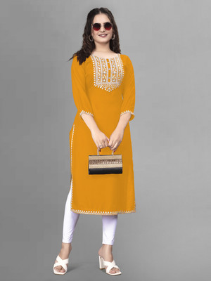 PATDOM Women Embroidered A-line Kurta(Yellow, White)