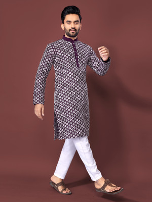 FOXDX Men Embroidered A-line Kurta(Purple)