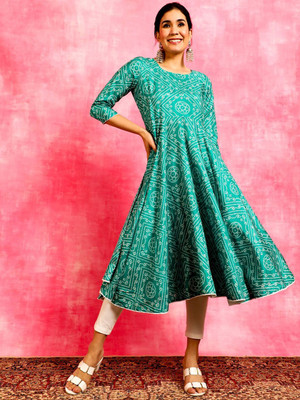 ANOUK Women Printed Anarkali Kurta(Green)