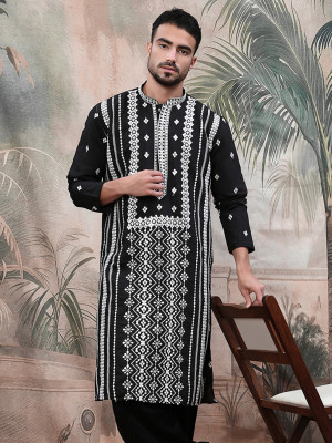 Sangria Men Embellished Straight Kurta(Black)
